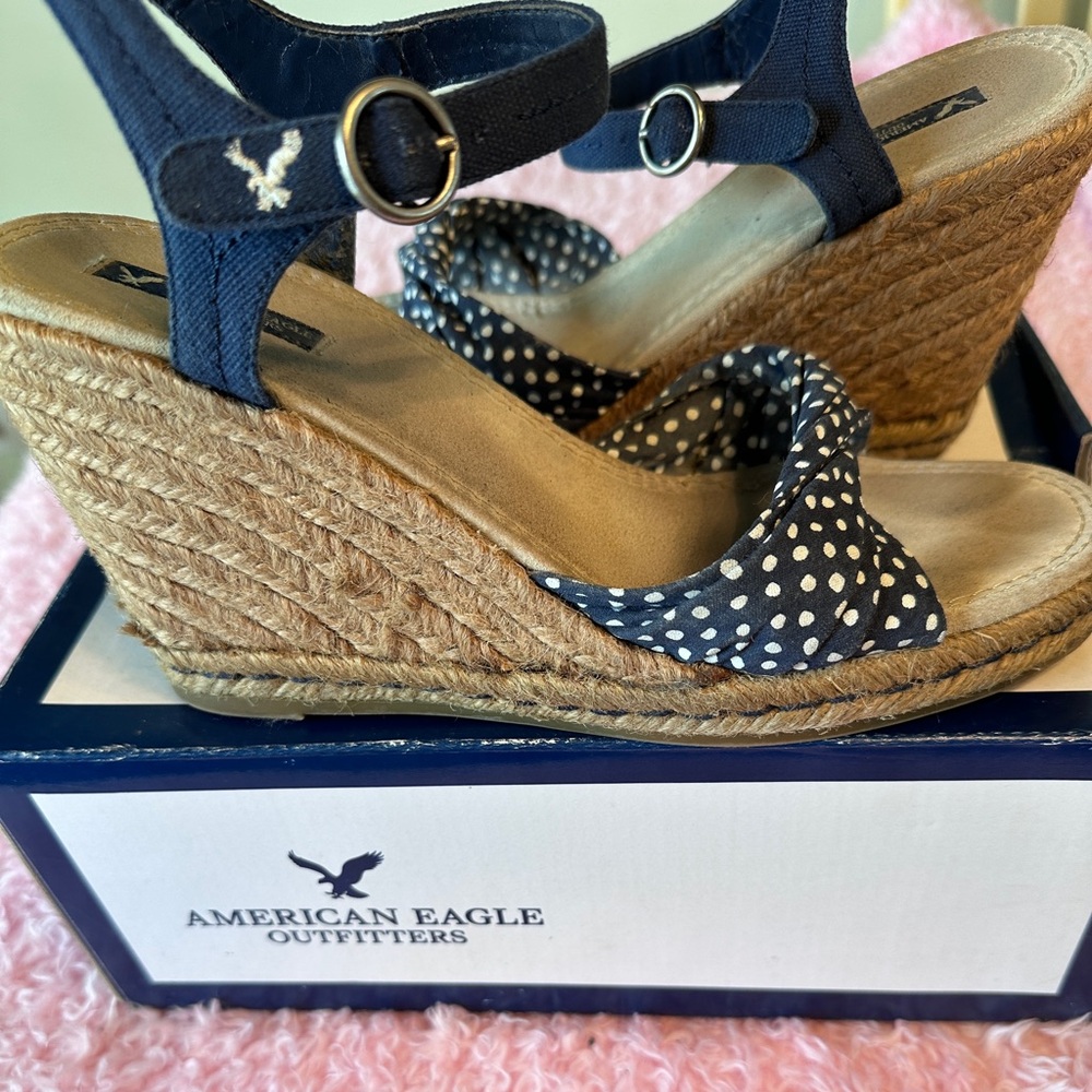 American Eagle Outfitters Women's Navy Polka Dot Wedge Sandals